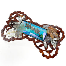 画像をギャラリービューアに読み込む, バレッタ ボヘミアングラス 天然石 カーネリアン 白蝶貝 クォーツ ラインストーン ブルー クリアカラー ブラウン フラワー 留金8cm 142497
