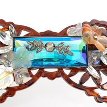 画像をギャラリービューアに読み込む, バレッタ ボヘミアングラス 天然石 カーネリアン 白蝶貝 クォーツ ラインストーン ブルー クリアカラー ブラウン フラワー 留金8cm 142497