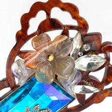 画像をギャラリービューアに読み込む, バレッタ ボヘミアングラス 天然石 カーネリアン 白蝶貝 クォーツ ラインストーン ブルー クリアカラー ブラウン フラワー 留金8cm 142497