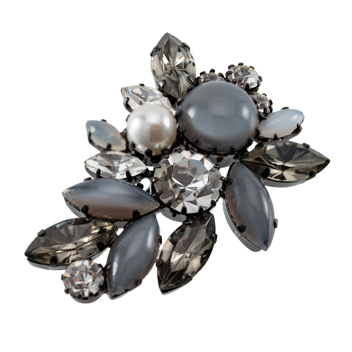 ブローチ ラインストーン ボヘミアングラス パール グレー クリア