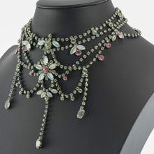 画像をギャラリービューアに読み込む, ネックレス ラインストーン ボヘミアングラス グリーン ピンク フラワー ハンギング 31cm nl122448