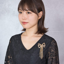 Load image into Gallery viewer, ブローチ ラインストーン ゴールド リボン 126222