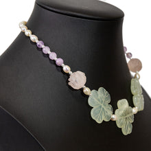 Load image into Gallery viewer, ネックレス 天然石 ジェイド アメシスト ローズクォーツ 淡水パール グリーン ピンク パープル クローバー ローズ 41cm nl148286