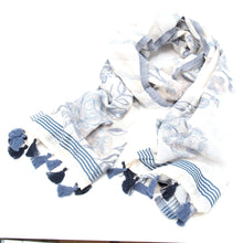 画像をギャラリービューアに読み込む, スカーフ コットン ブルー グレー ローズ タッセル 150128