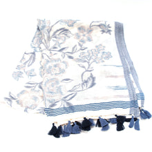 画像をギャラリービューアに読み込む, スカーフ コットン ブルー グレー ローズ タッセル 150128