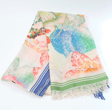 画像をギャラリービューアに読み込む, スカーフ コットン シルク ブルー グリーン フラワー 150134