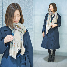 画像をギャラリービューアに読み込む, スカーフ ウール コットン ベージュ ブルー ピンク フラワー 150651