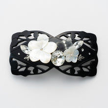 画像をギャラリービューアに読み込む, バレッタ 白蝶貝 ラインストーン ホワイト フラワー バタフライ ブラック 150751