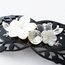 画像をギャラリービューアに読み込む, バレッタ 白蝶貝 ラインストーン ホワイト フラワー バタフライ ブラック 150751