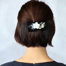 画像をギャラリービューアに読み込む, バレッタ 白蝶貝 ラインストーン ホワイト フラワー バタフライ ブラック 150751