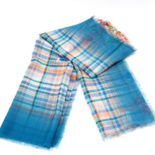 画像をギャラリービューアに読み込む, スカーフ コットン レーヨン シルク ブルー グレー フラワー チェック 正方形 151042 メール便