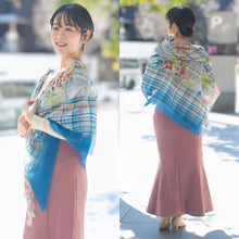 画像をギャラリービューアに読み込む, スカーフ コットン レーヨン シルク ブルー グレー フラワー チェック 正方形 151042 メール便