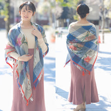 Load image into Gallery viewer, スカーフ コットン ブルー フラワー チェック 正方形 151043