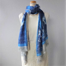 画像をギャラリービューアに読み込む, スカーフ コットン リネン レーヨン ブルー フラワー 150881 メール便