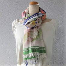 画像をギャラリービューアに読み込む, スカーフ コットン シルク ブルー グリーン フラワー 150134