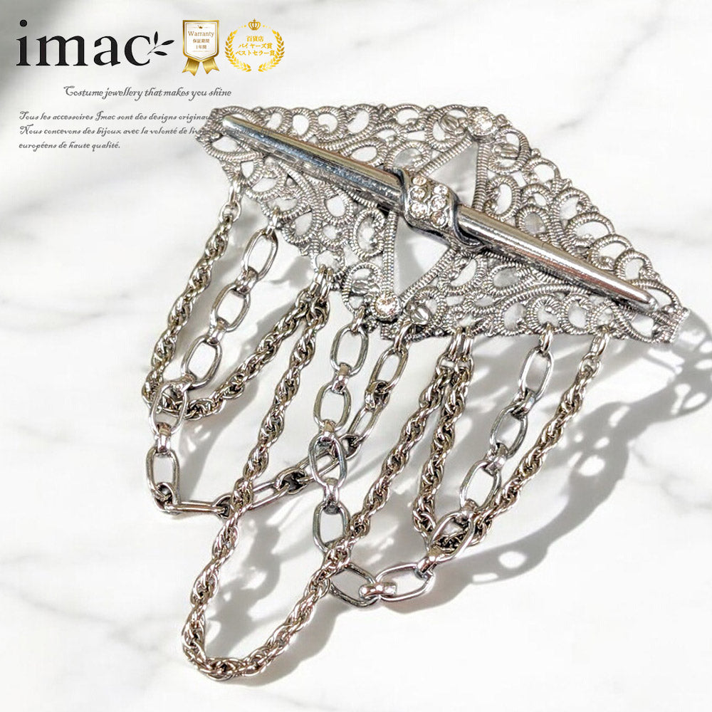 ブローチ ラインストーン クリアカラー レースメタル チェーン 091862