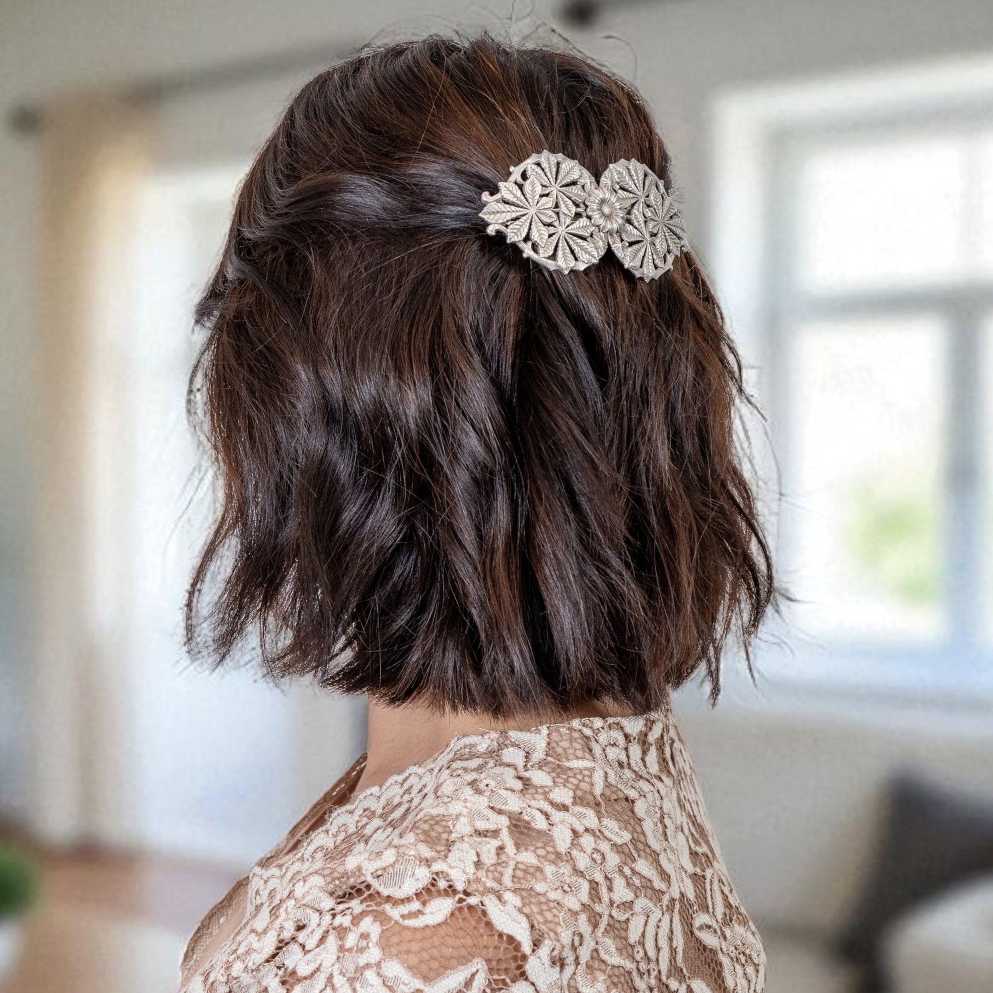 imacバレッタ バレッタ レースメタル シルバー フラワー リーフ 留金9cm 122681