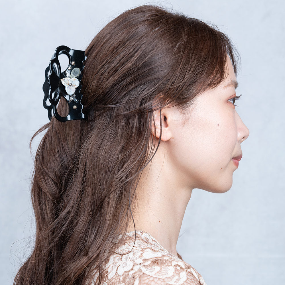 ヘアクリップ 天然石 アゲート ラインストーン 淡水パール ブラック グレー フラワー 141780