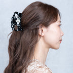 ヘアクリップ 天然石 アゲート ラインストーン 淡水パール ブラック グレー フラワー 141780