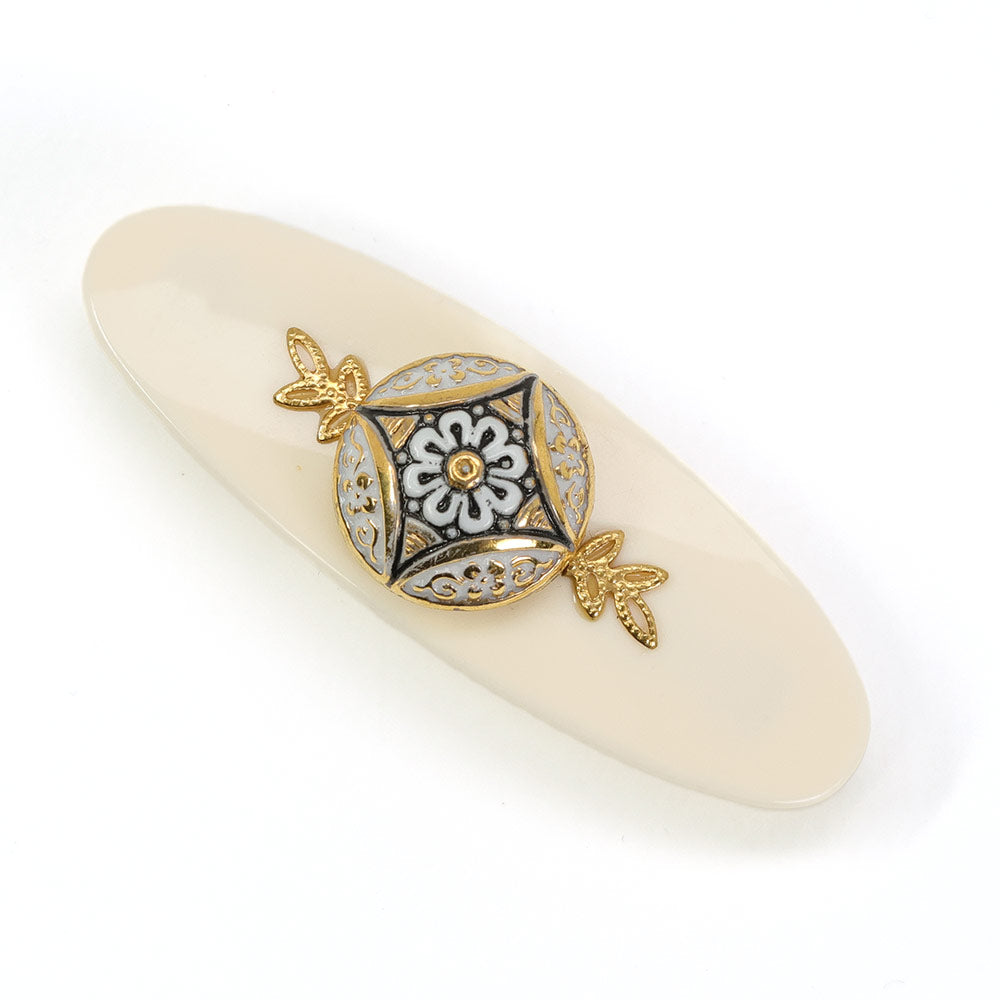 バレッタ ボヘミアングラス ゴールド ホワイト 留金5cm 141931