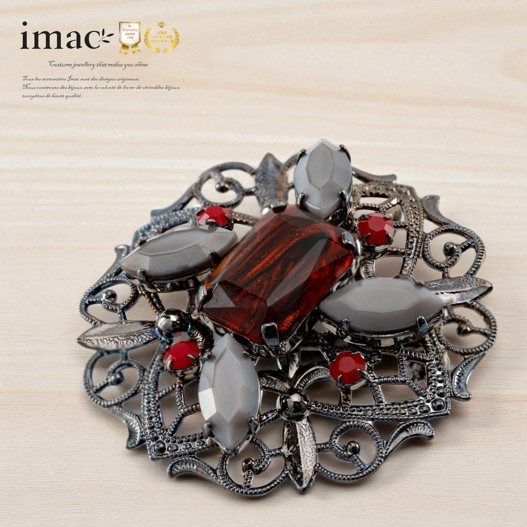 ブローチ ボヘミアングラス レッド グレー レース ペンダント 2WAY 143068