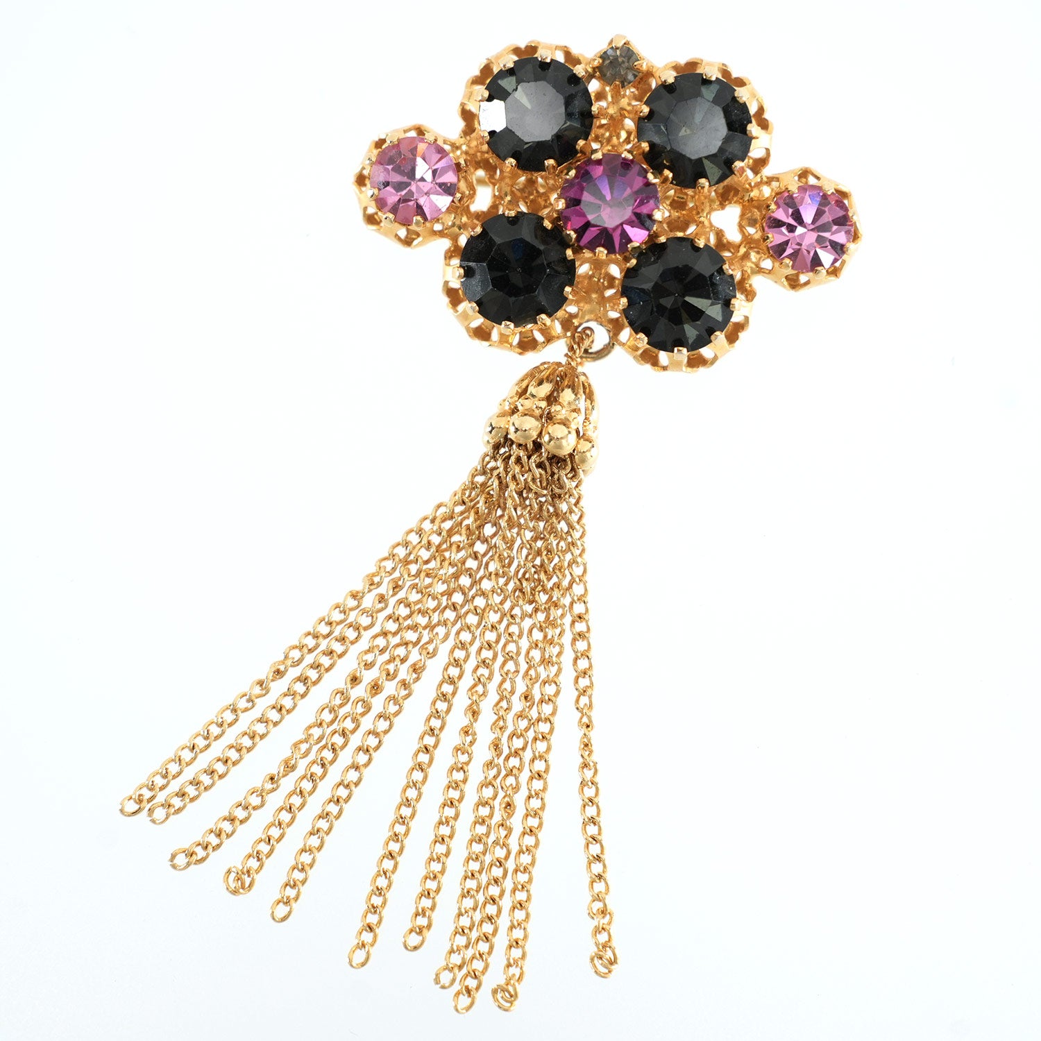 ブローチ ラインストーン ピンク ネイビー ゴールド タッセル 143366