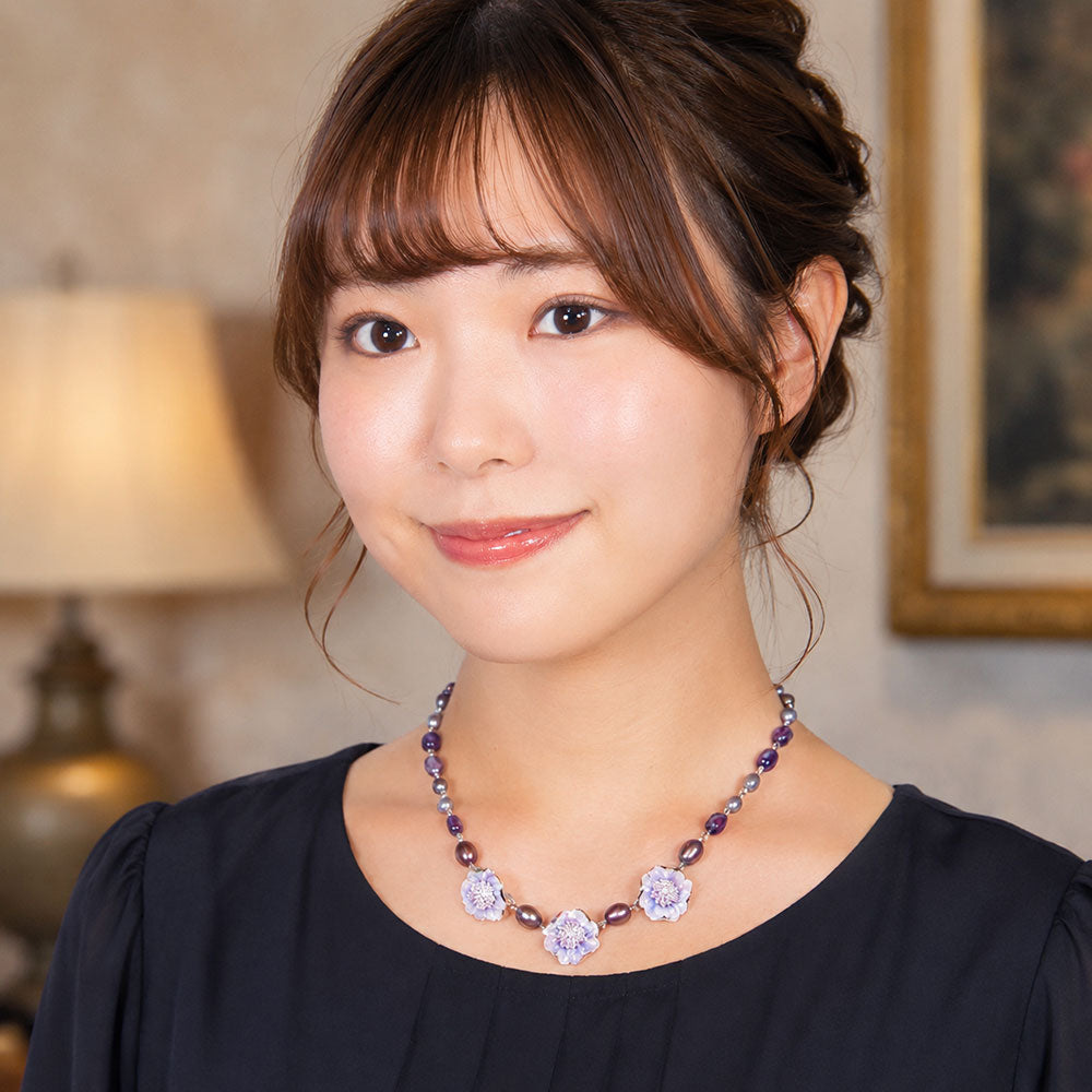 ネックレス 天然石 アメシスト 淡水パール 七宝 パープル フラワー ショート 39cm 147899