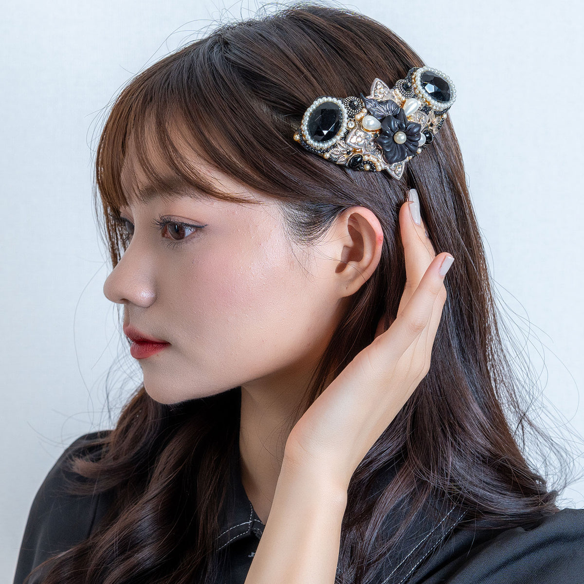 バレッタ ボヘミアングラス パール ブラック ホワイト フラワー 留金9cm 150719