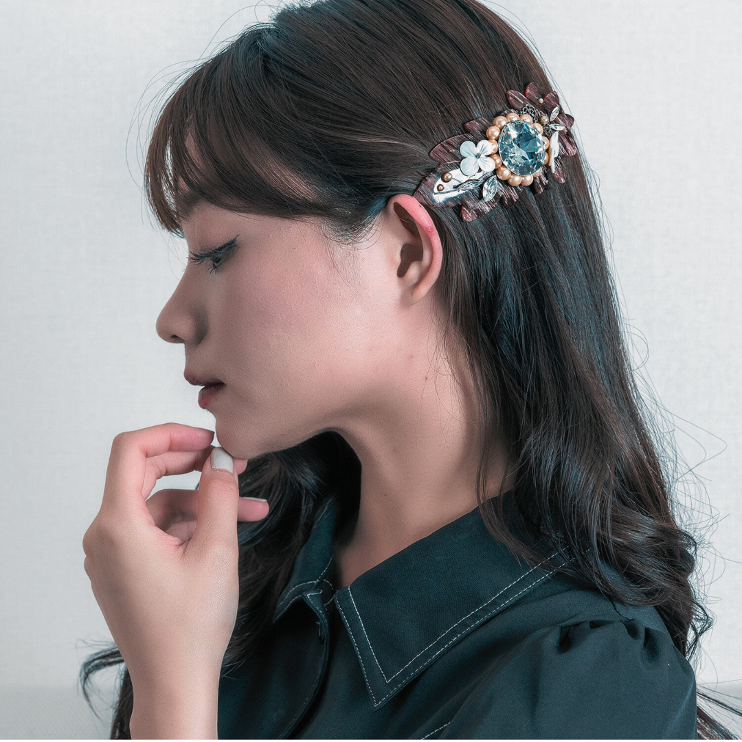 バレッタ ラインストーン パール シェル グレー クリアカラー ホワイト