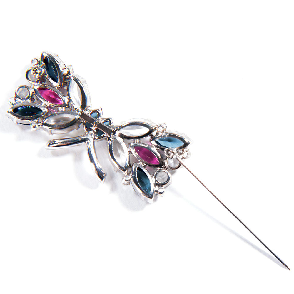 ブローチ ラインストーン ネイビー ピンク クリアカラー リボン 094825
