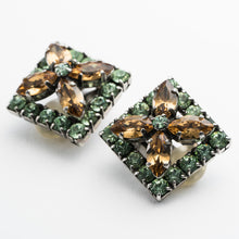 Load image into Gallery viewer, Earrings Rhinestone Green Brown Flower Square 122365
