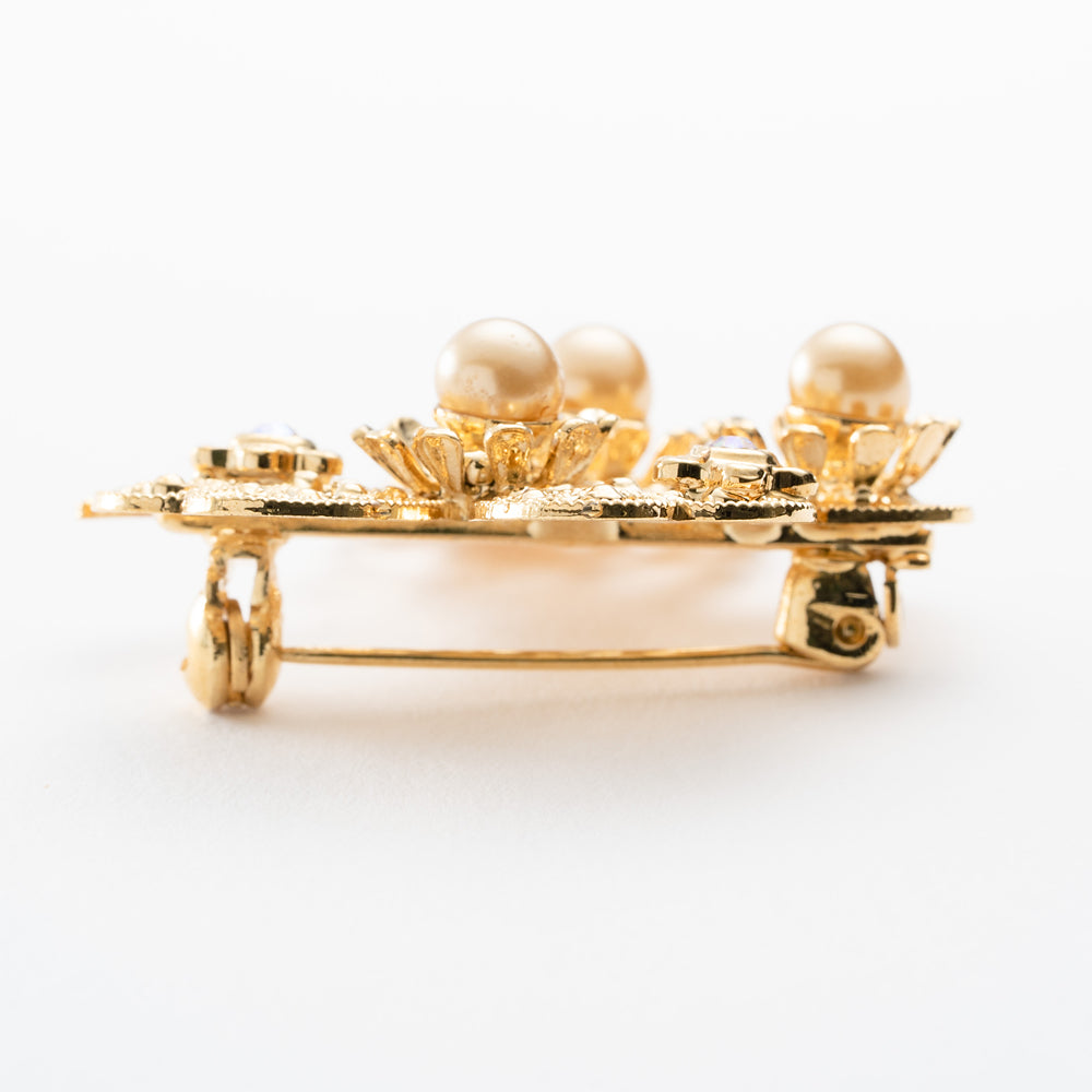ブローチ パール ラインストーン クローバー ゴールド 139828