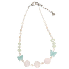 Load image into Gallery viewer, ネックレス 天然石 ローズクォーツ アマゾナイト プレナイト 淡水パール ピンク ホワイト ブルー グリーン ローズ バタフライ 42cm 148280
