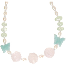 Load image into Gallery viewer, ネックレス 天然石 ローズクォーツ アマゾナイト プレナイト 淡水パール ピンク ホワイト ブルー グリーン ローズ バタフライ 42cm 148280
