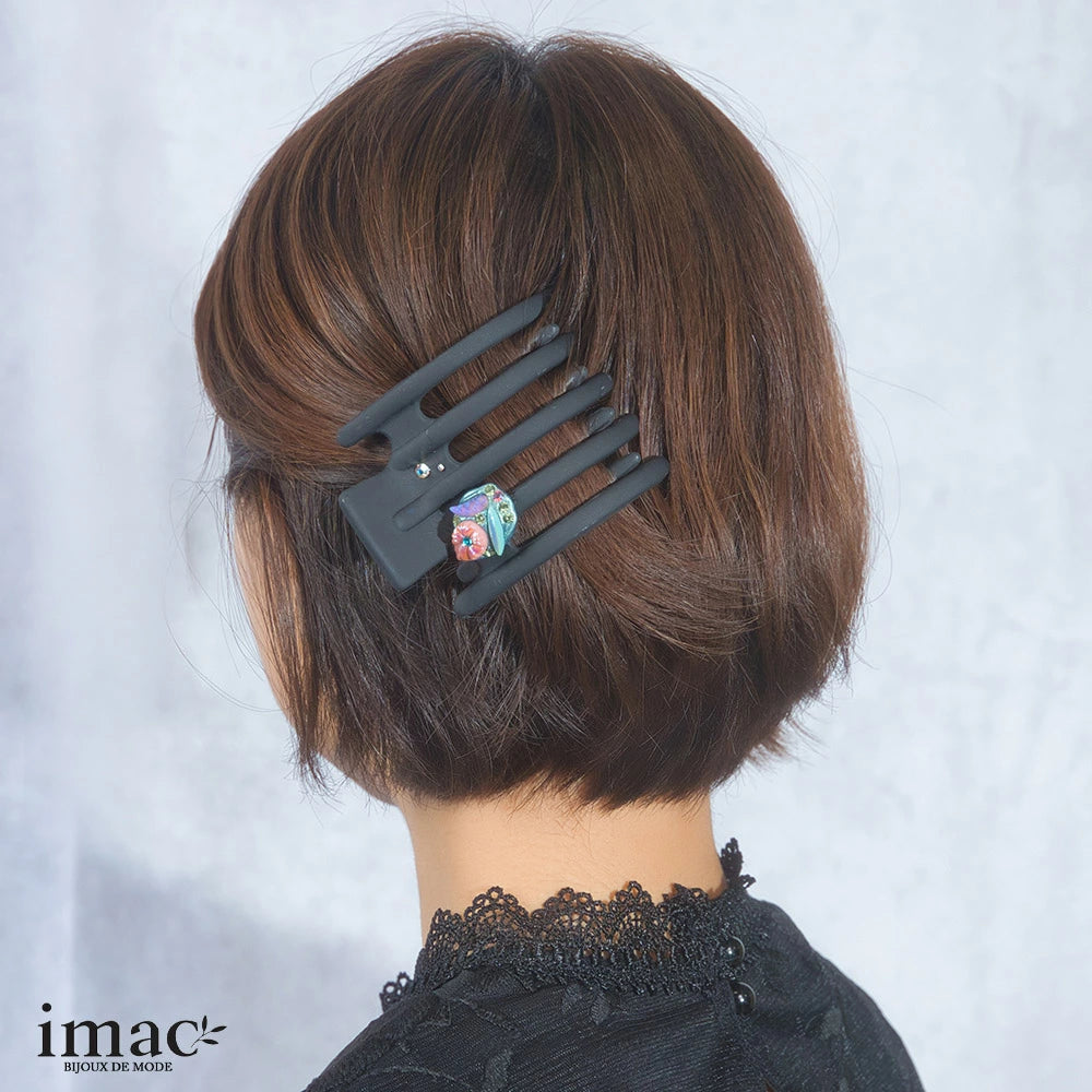 ヘアクリップ スターリリー ラインストーン ブラック ピンク グリーン フラワー 149756
