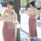 スカーフ シルク ホワイト レッド ブルー フラワー 刺繍 150136