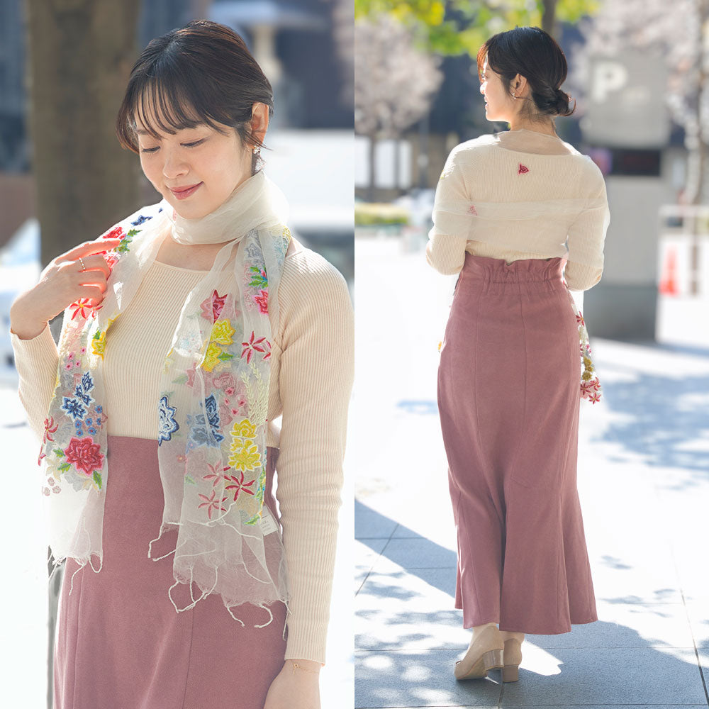 スカーフ シルク ホワイト レッド ブルー イエロー 薔薇 刺繍 150138