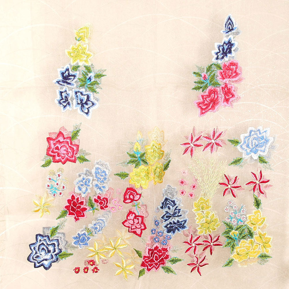 スカーフ シルク ホワイト レッド ブルー イエロー 薔薇 刺繍 150138
