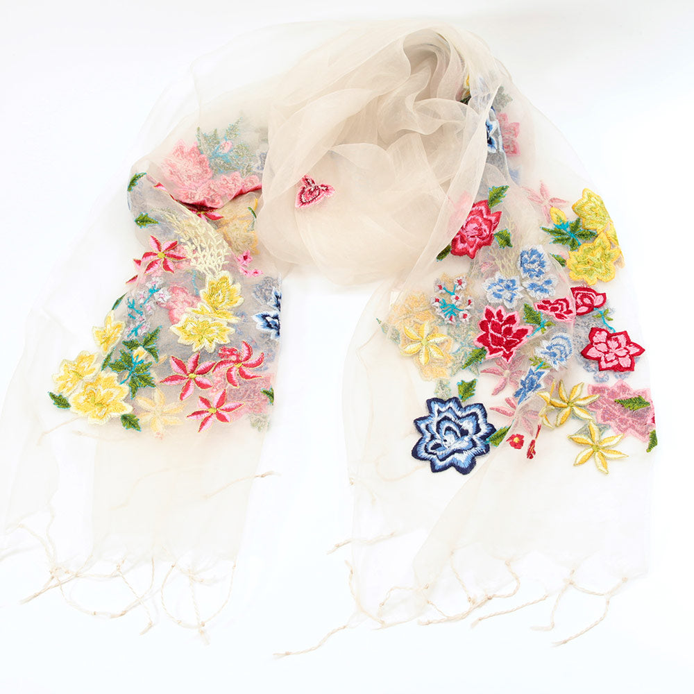 スカーフ シルク ホワイト レッド ブルー イエロー 薔薇 刺繍 150138