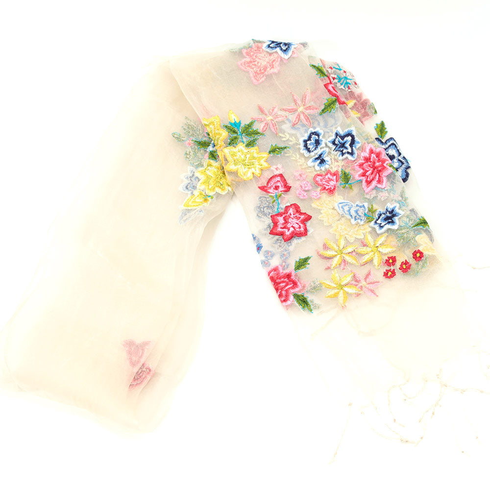 スカーフ シルク ホワイト レッド ブルー イエロー 薔薇 刺繍 150138