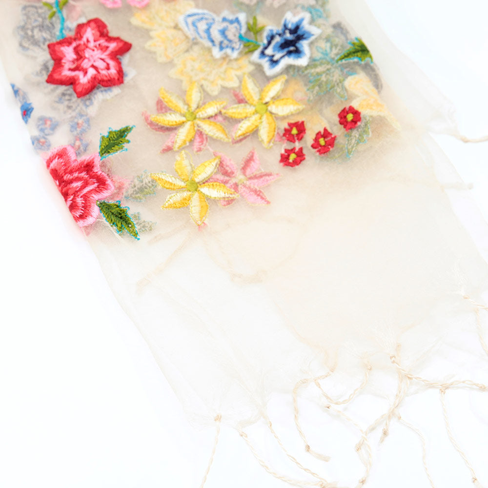 スカーフ シルク ホワイト レッド ブルー イエロー 薔薇 刺繍 150138