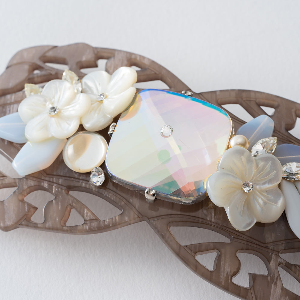 バレッタ 白蝶貝 ボヘミアングラス ホワイト グレー フラワー 150757