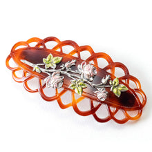 Load image into Gallery viewer, バレッタ メタル リーフ 七宝 ブラウン ピンク グリーン ローズ 留金8cm 150822
