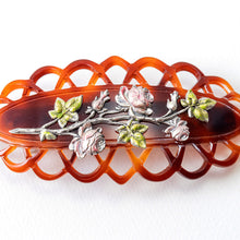 Load image into Gallery viewer, バレッタ メタル リーフ 七宝 ブラウン ピンク グリーン ローズ 留金8cm 150822
