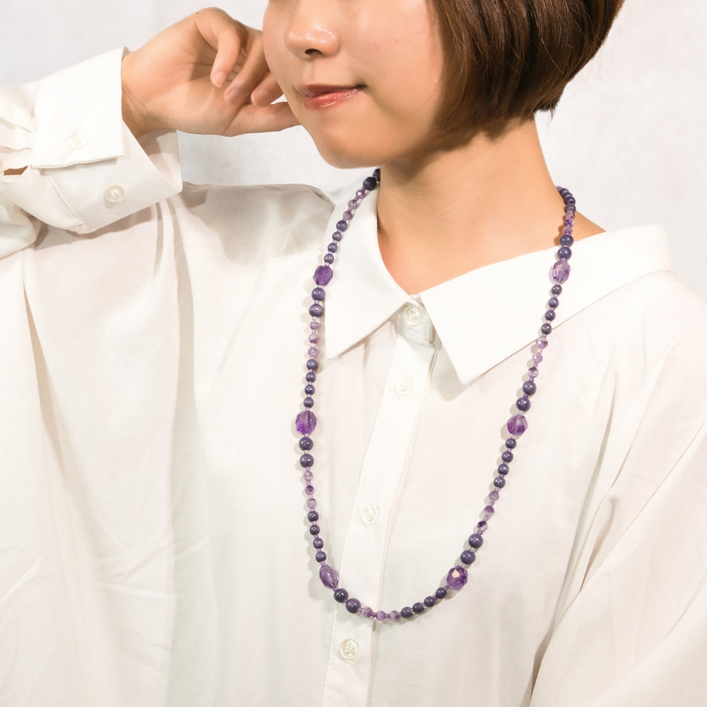 【芸能人着用】ネックレス アメシスト ウッド パープル ロング 150853