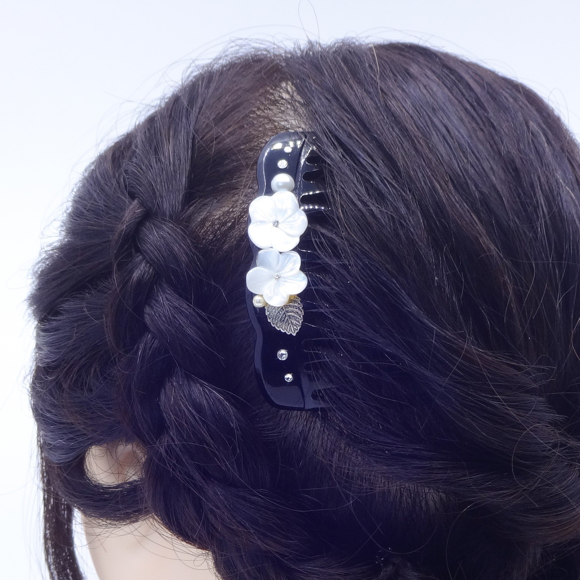コーム 白蝶貝 ラインストーン ホワイト フラワー ブラック  かんざし ヘアアクセサリー 149394