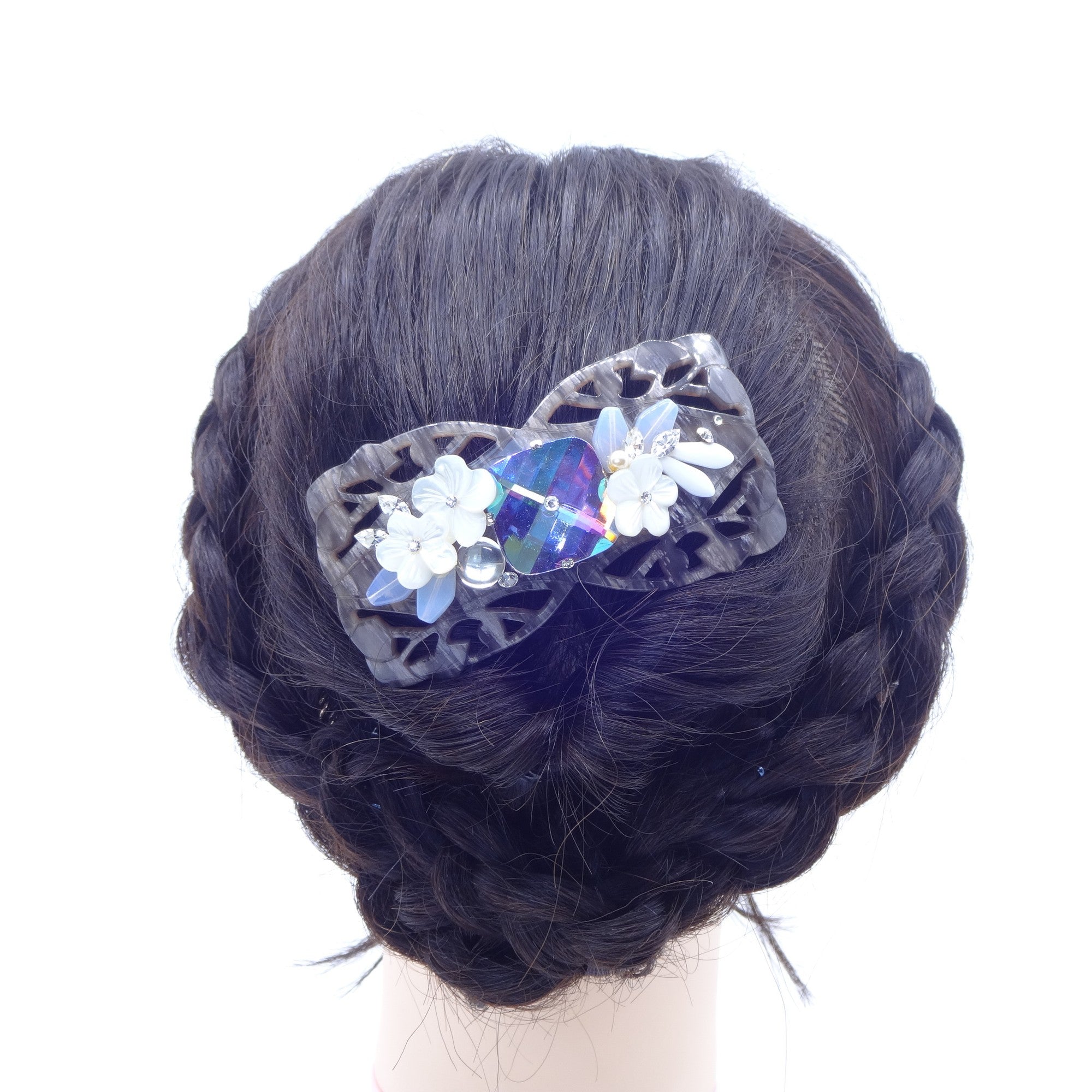 バレッタ 白蝶貝 ボヘミアングラス ホワイト グレー フラワー 150757