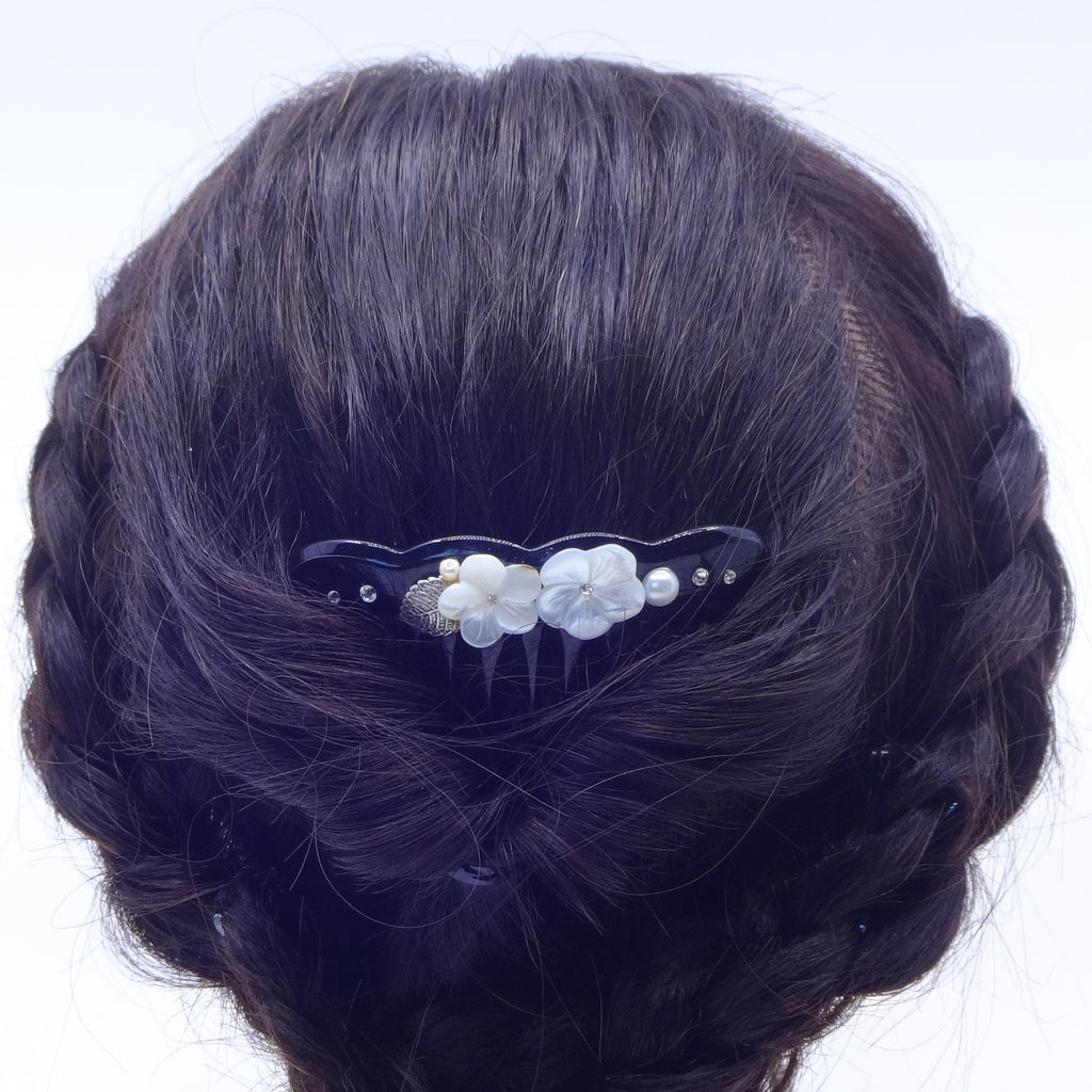 コーム 白蝶貝 ラインストーン ホワイト フラワー ブラック  かんざし ヘアアクセサリー 149394