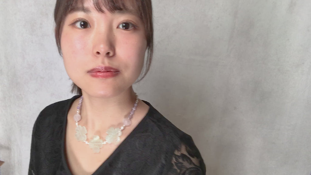 ネックレス 天然石 ジェイド アメシスト ローズクォーツ 淡水パール グリーン ピンク パープル クローバー ローズ 41cm nl148286